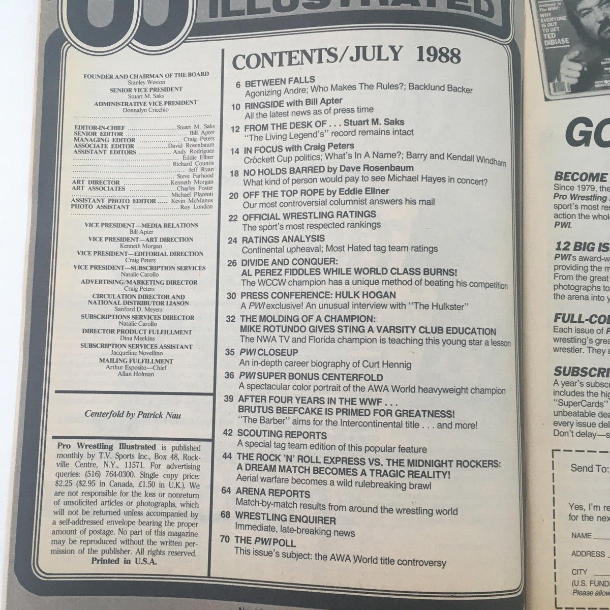 Inside contents page of Pro Wrestling Illustrated, July 1988, listing articles including features on Hulk Hogan, wrestling ratings, and historical insights.