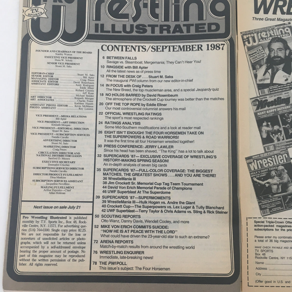 Contents page of Pro Wrestling Illustrated September 1987 listing articles and features, including highlights of wrestling legends and major events.
