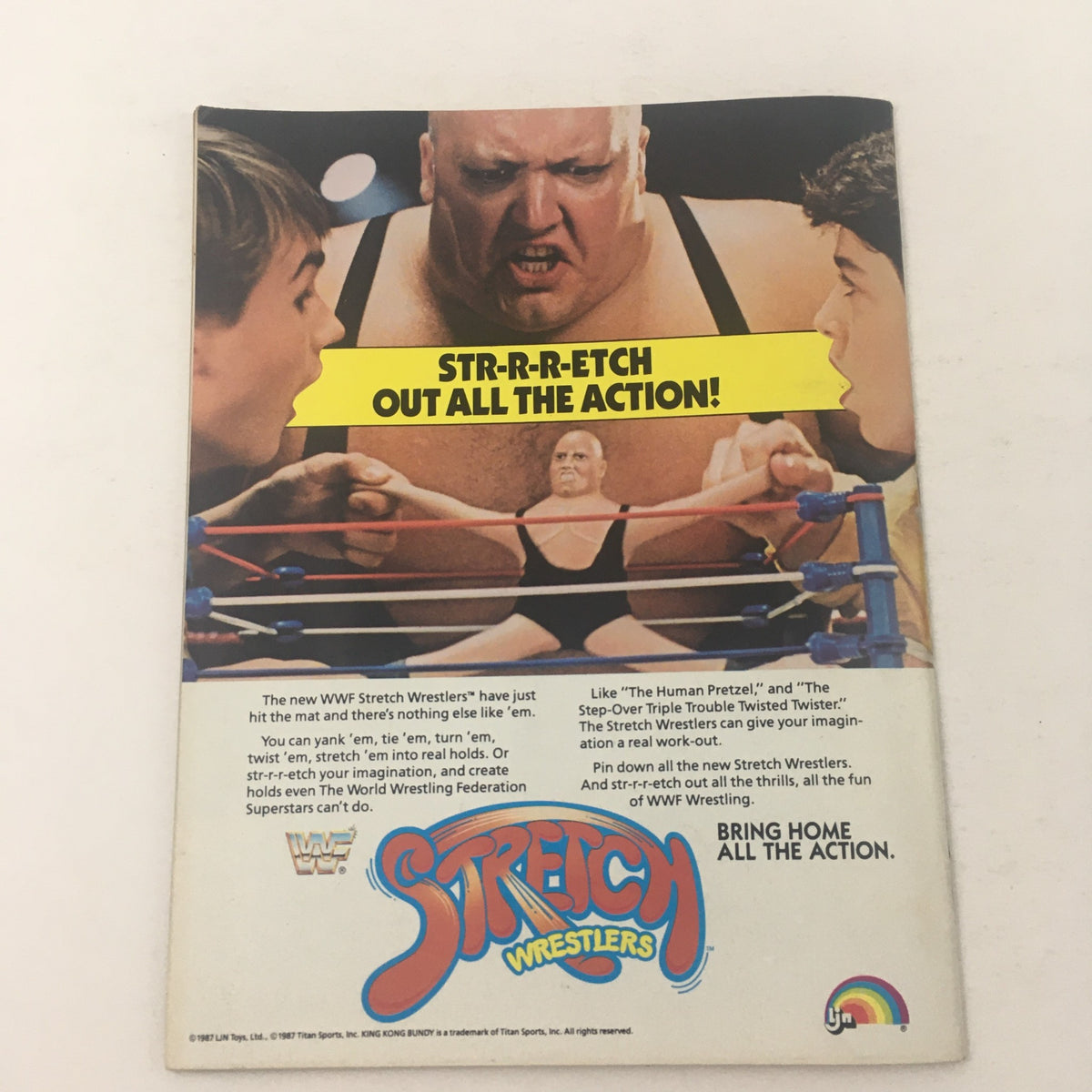 WWF Magazine January 1988 advertisement for Stretch Wrestlers featuring King Kong Bundy and kids, highlighting wrestling-themed toys from the 1980s.