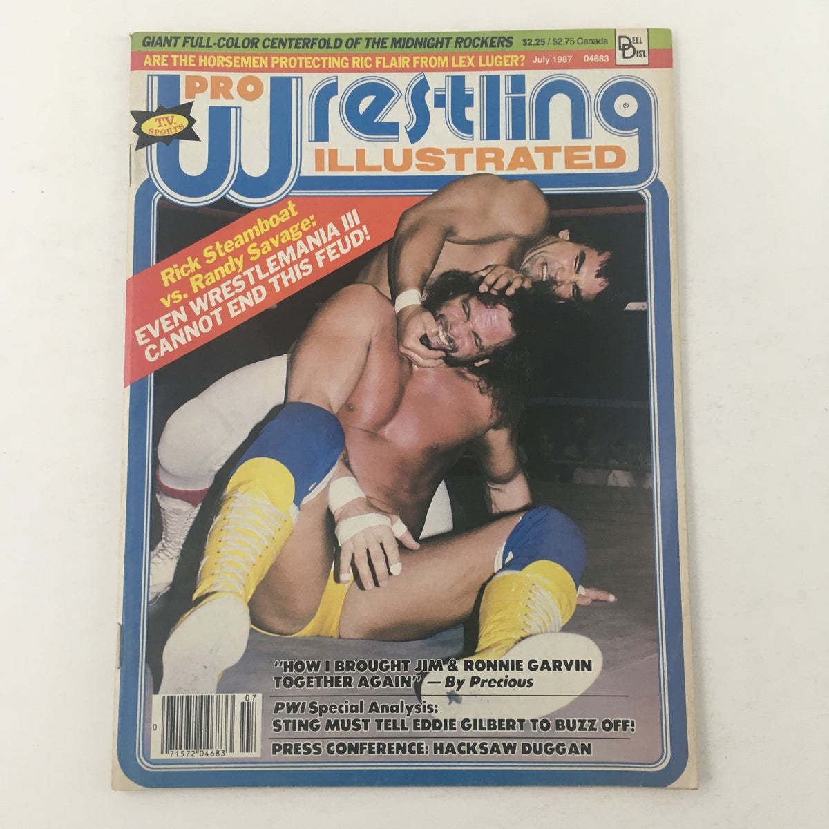 Cover of Pro Wrestling Illustrated July 1987 featuring wrestlers Ricky Steamboat and Randy Savage, showcasing their rivalry. Vintage wrestling magazine with minimal wear.