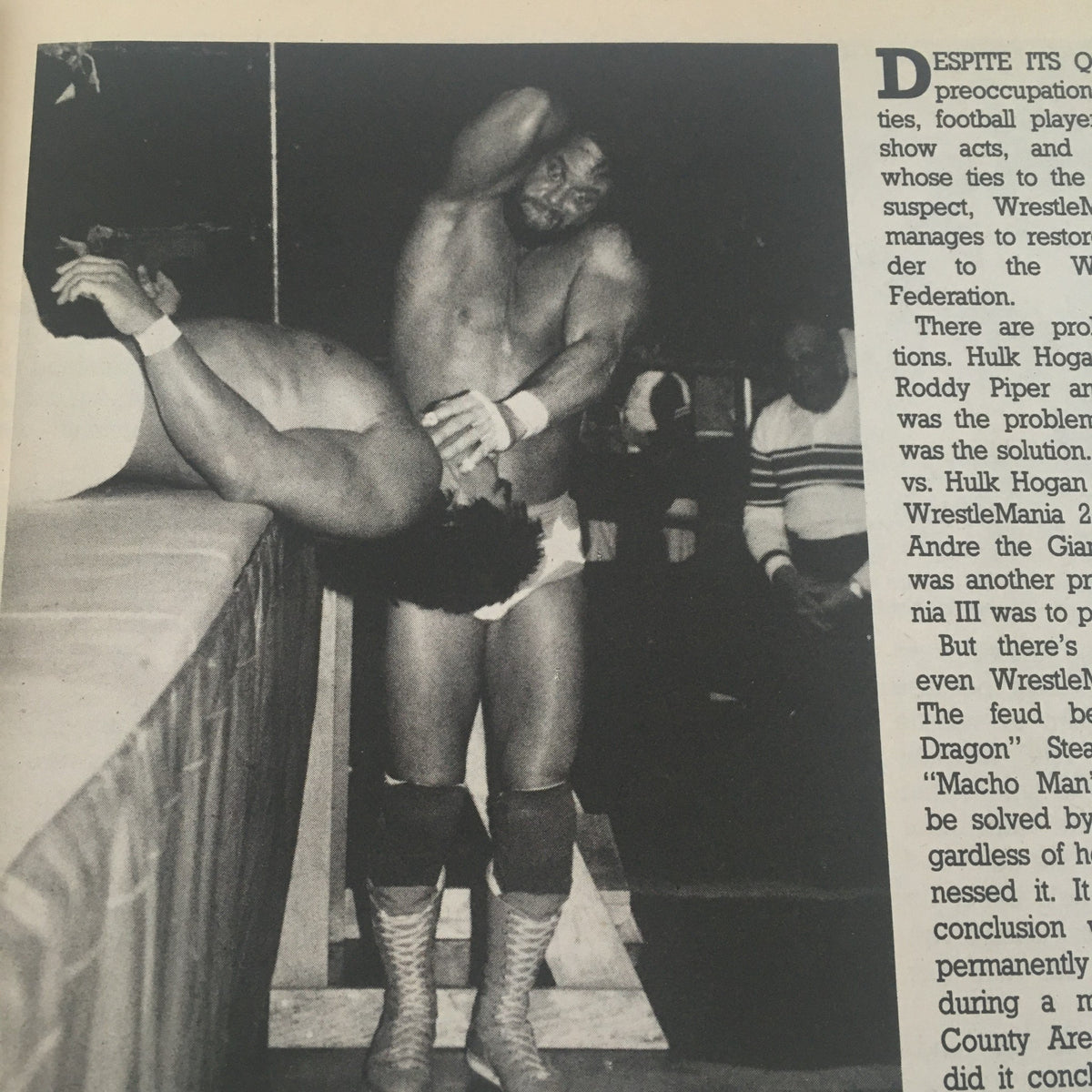 Black and white photo from Pro Wrestling Illustrated July 1987, illustrating a wrestling match action scene featuring two wrestlers during a competitive encounter.
