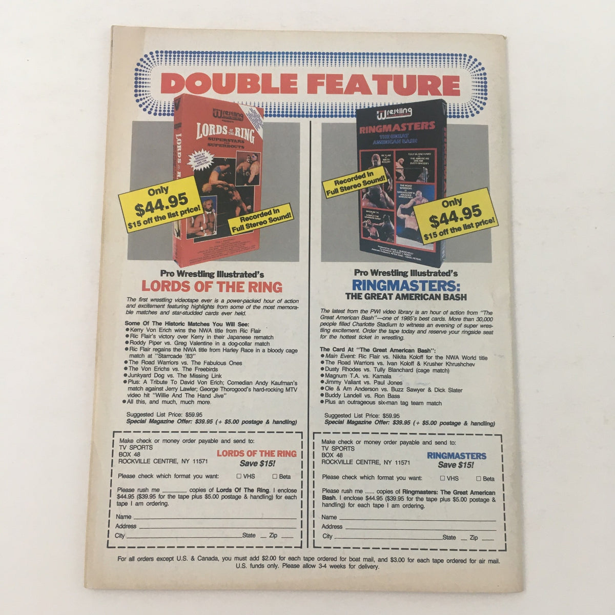 Interior page of Pro Wrestling Illustrated July 1987, featuring double feature advertisement for 'Lords of the Ring' and 'Ringmasters: The Great American Bash', showcasing wrestling memorabilia with pricing details for ordering.
