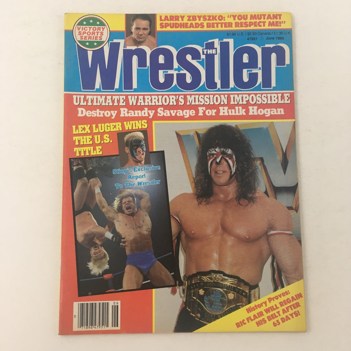 The Wrestler Magazine June 1989 cover featuring a showdown between Randy Savage and Hulk Hogan, with headlines about Ultimate Warrior, Lex Luger, and an exclusive report by Sting.