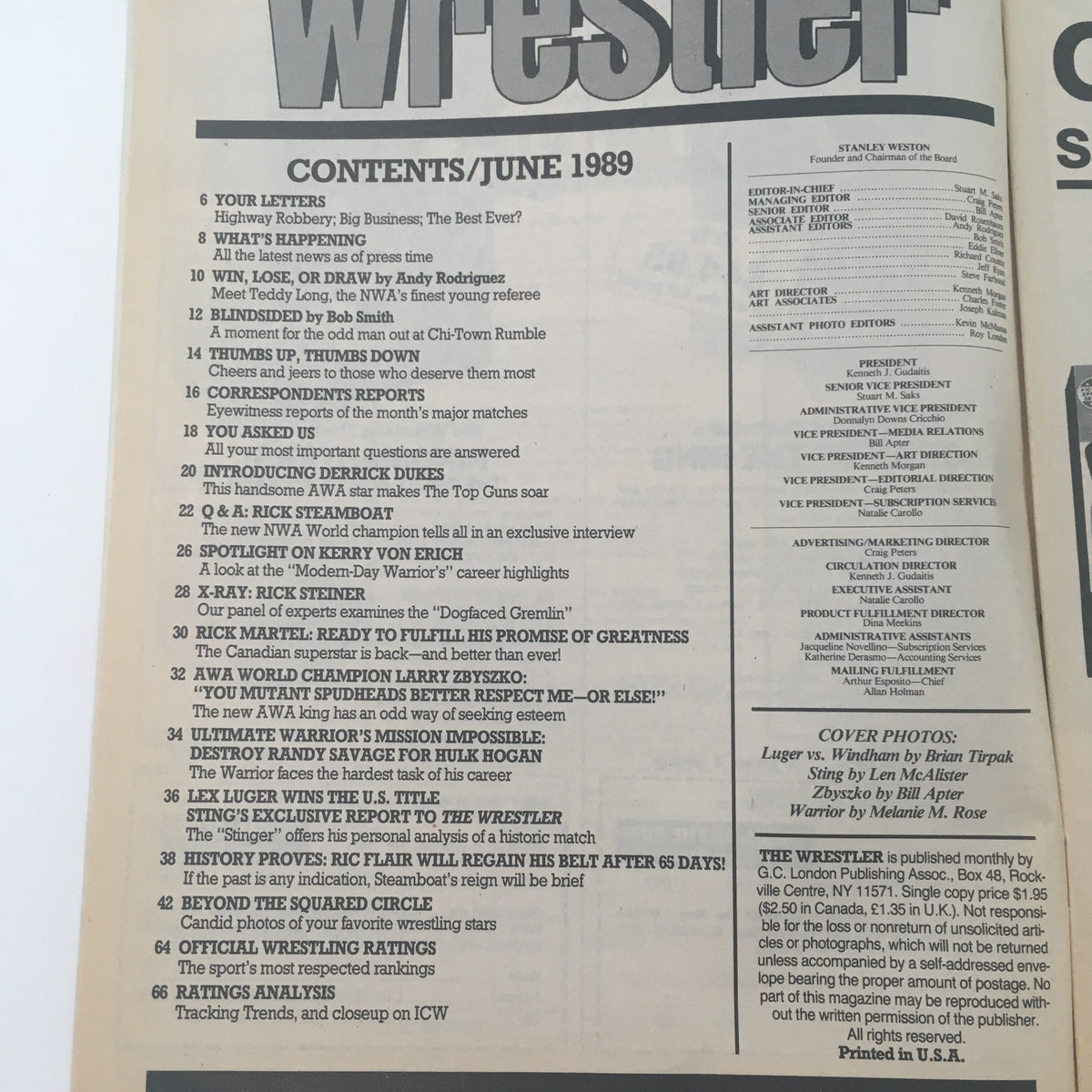The Wrestler Magazine June 1989 contents page showcasing articles, editorials, and features including Randy Savage and Hulk Hogan.