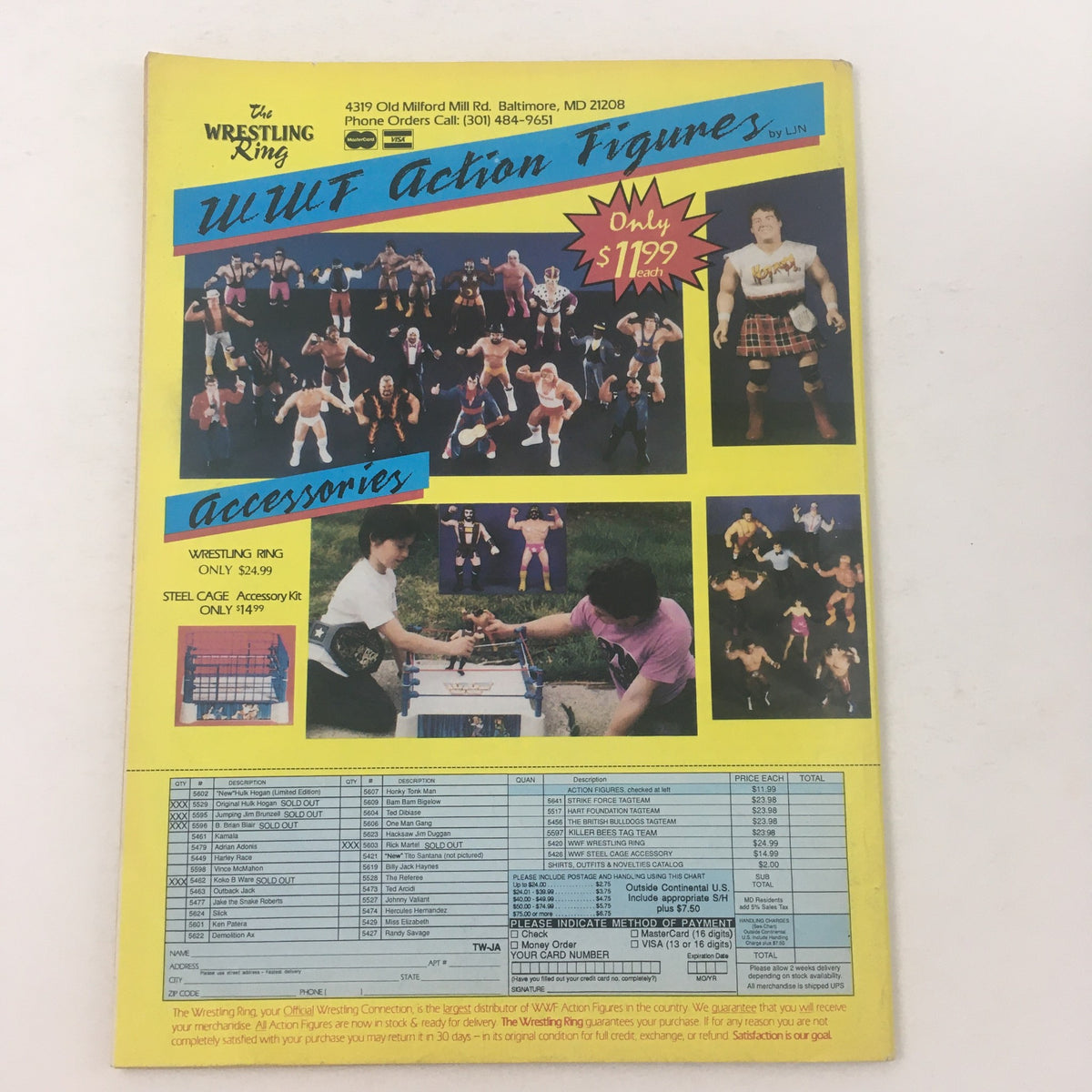 The Wrestler Magazine June 1989 back cover featuring a colorful advertisement for W.W.F. action figures and wrestling accessories.