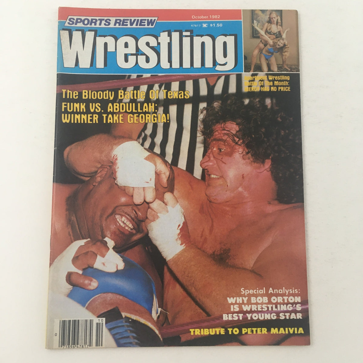 Cover of Sports Review Wrestling October 1982 featuring Terry Funk and Abdullah the Butcher in a wrestling match, highlighting 'The Bloody Battle of Texas'.