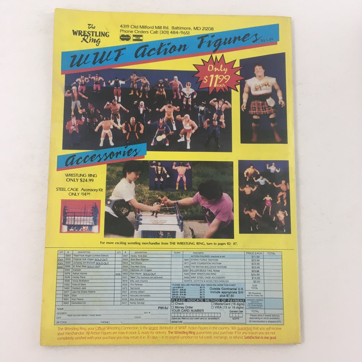 Back cover of Pro Wrestling Illustrated September 1989 promoting WWF action figures and wrestling accessories for sale