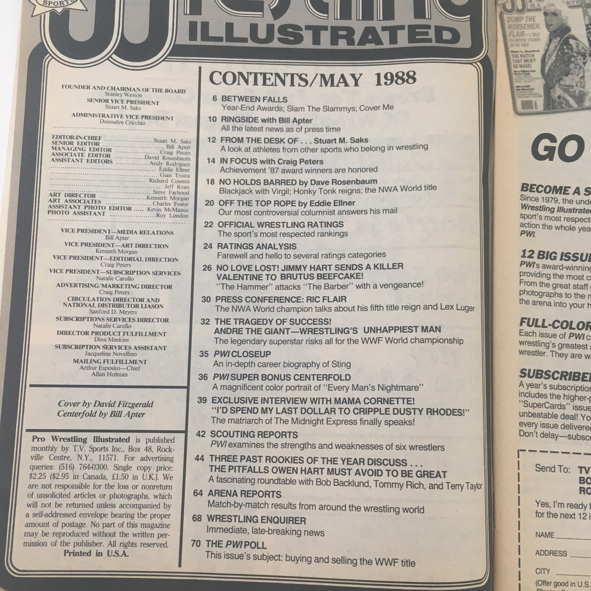 Pro Wrestling Illustrated May 1988 table of contents page listing articles including 'ANDRE THE GIANT - Wrestling's Unhappiest Man' and exclusive interviews, providing insight into the vintage wrestling scene of the late 1980s.
