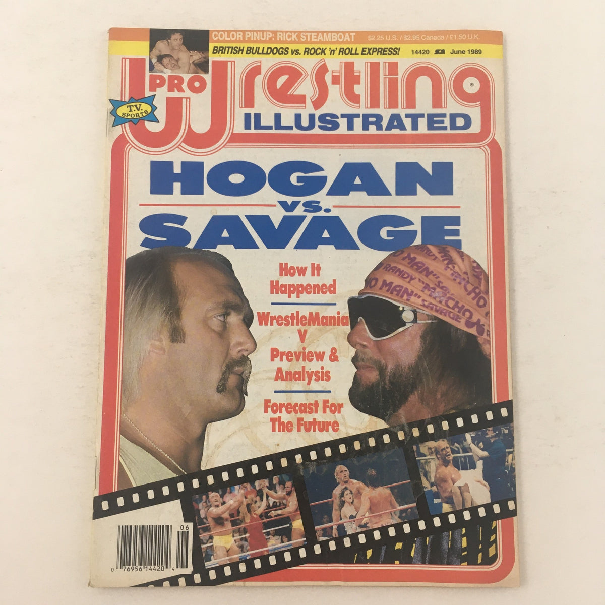 Pro Wrestling Illustrated June 1989 cover featuring Hulk Hogan vs Randy Savage, showcasing the intense rivalry and key highlights from WrestleMania V.