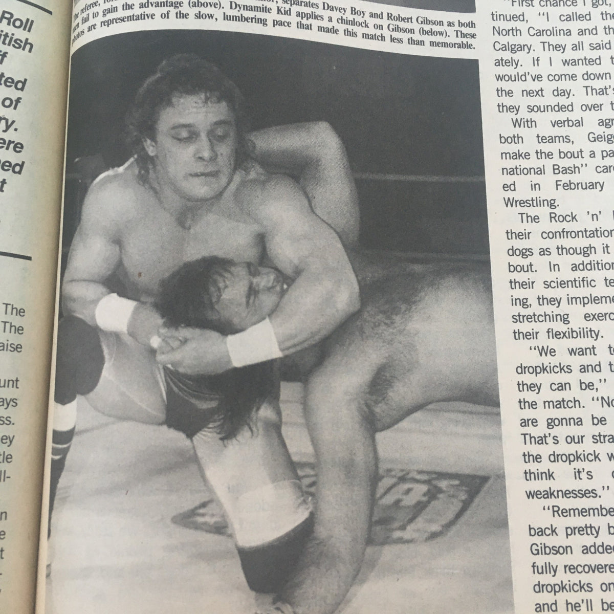 Pro Wrestling Illustrated June 1989 depicting a wrestling match with the Dynamite Kid applying a chinlock on Robert Gibson, capturing a classic wrestling moment.