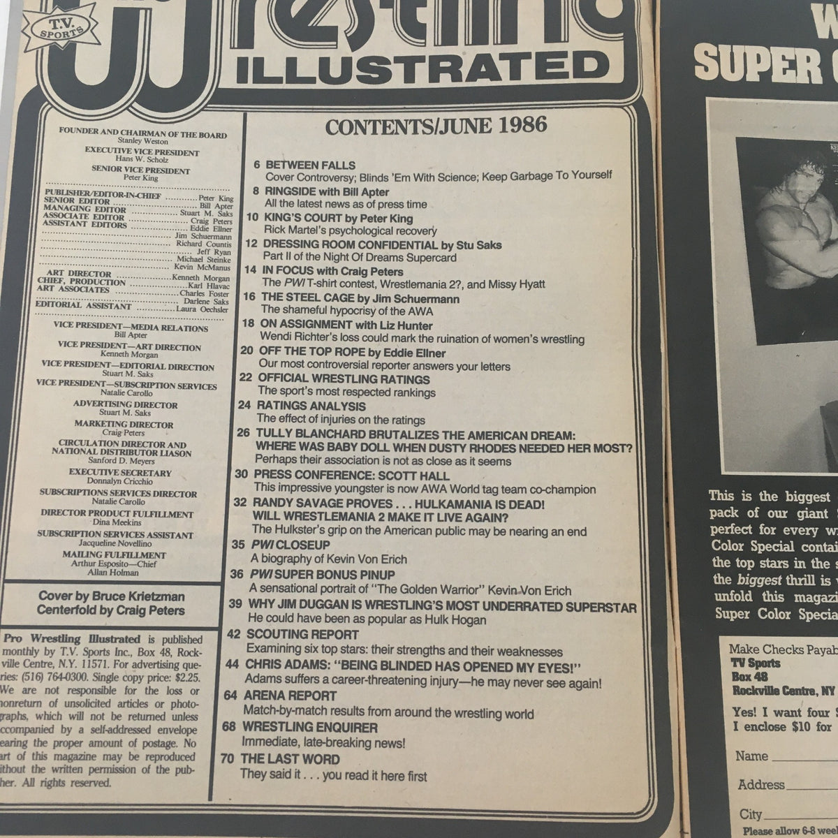 Contents page of Pro Wrestling Illustrated June 1986, detailing articles and features including Randy Savage vs Hulk Hogan and wrestling insights.