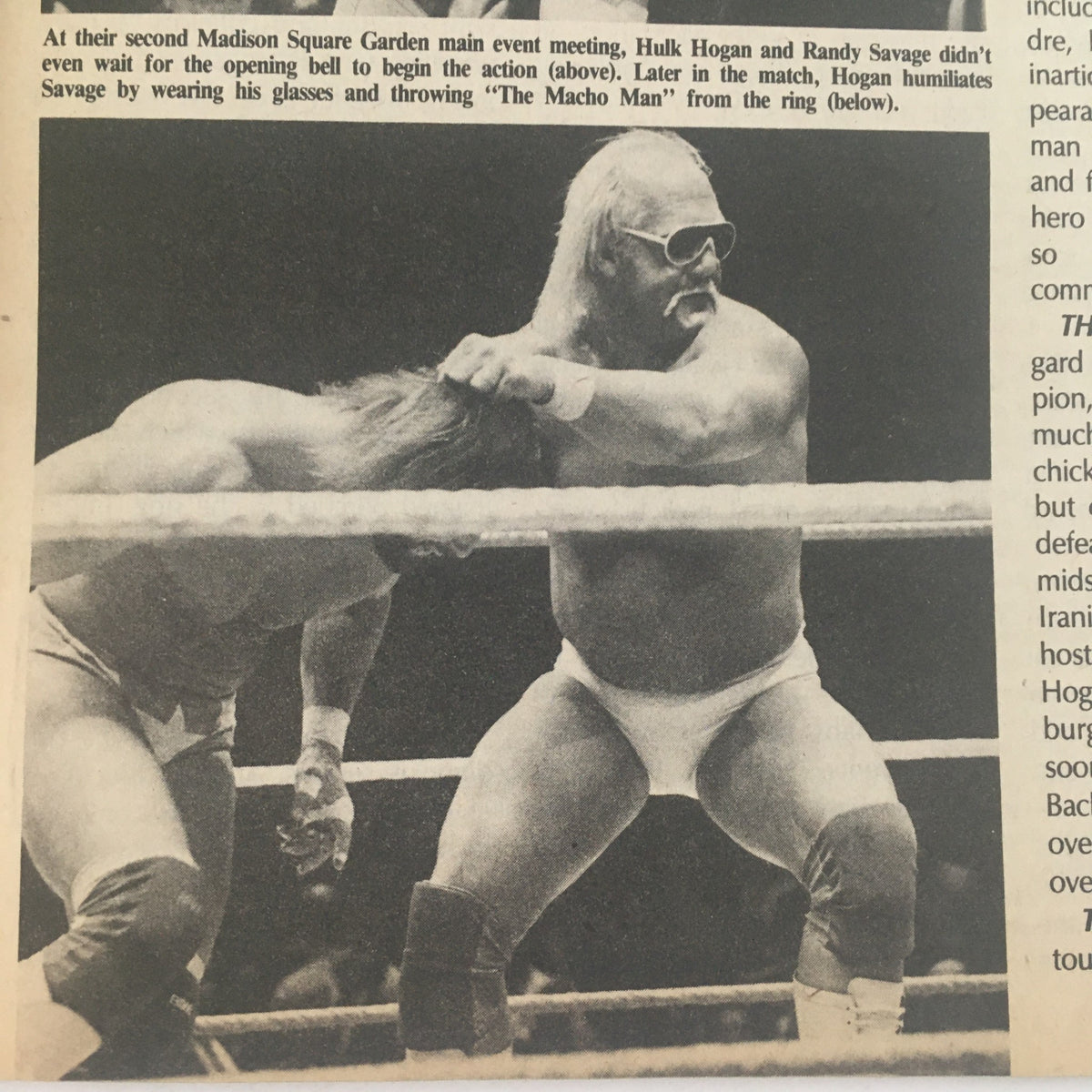 Action photo from Pro Wrestling Illustrated June 1986 showing Hulk Hogan and Randy Savage in a wrestling match at Madison Square Garden.
