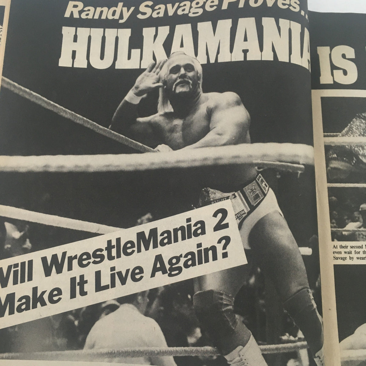 Pro Wrestling Illustrated June 1986 cover featuring Randy Savage, highlighting Hulkamania, with a promotional tagline about WrestleMania 2.
