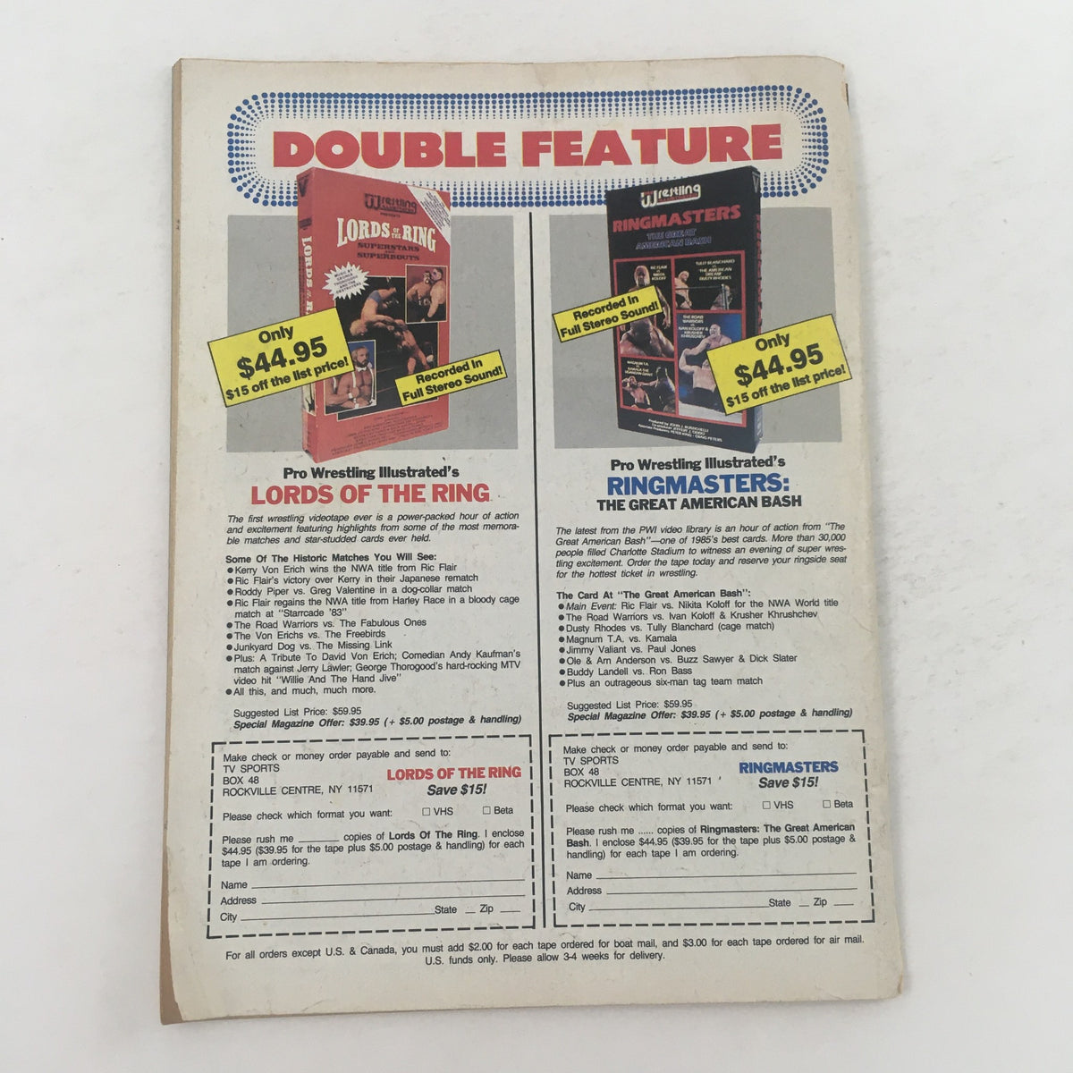 Back cover of Pro Wrestling Illustrated June 1986, advertising wrestling video features including Lords of the Ring and Ringmasters.