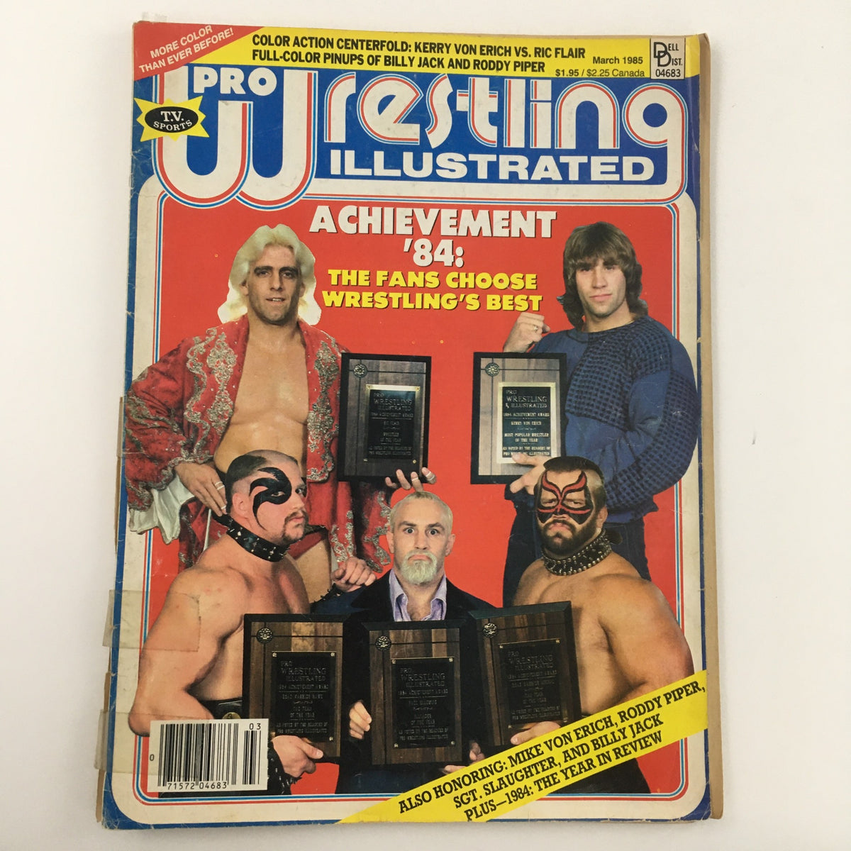 Pro Wrestling Illustrated Magazine March 1985 featuring Ric Flair and the Warriors on the cover, celebrating wrestling achievements from 1984.