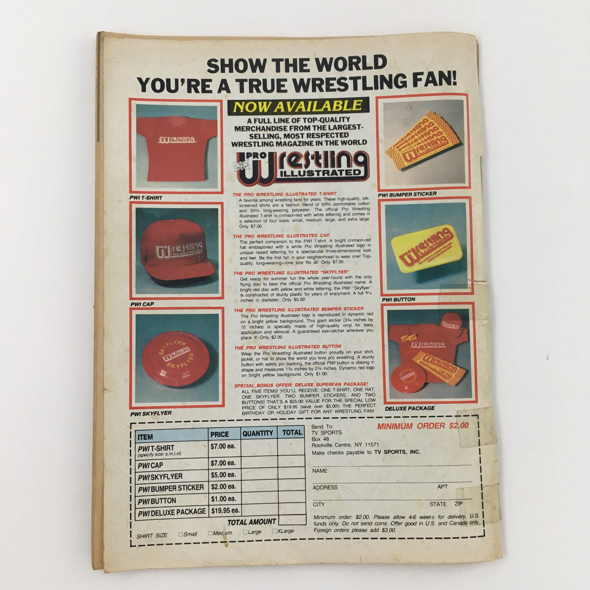 Back cover of Pro Wrestling Illustrated Magazine March 1985 showcasing available merchandise including shirts, caps, and stickers for wrestling fans. A part of wrestling history.