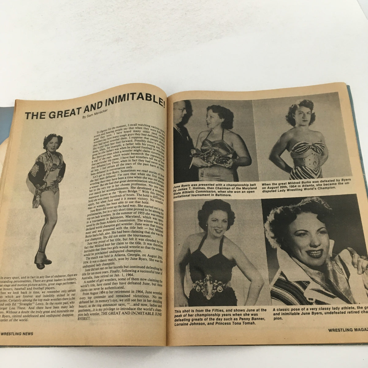 Inside page of The Ring's Wrestling Magazine June 1983 featuring an article titled 'The Great and Inimitable!' about June Byers, showcasing historical wrestling content alongside photos of female wrestlers.