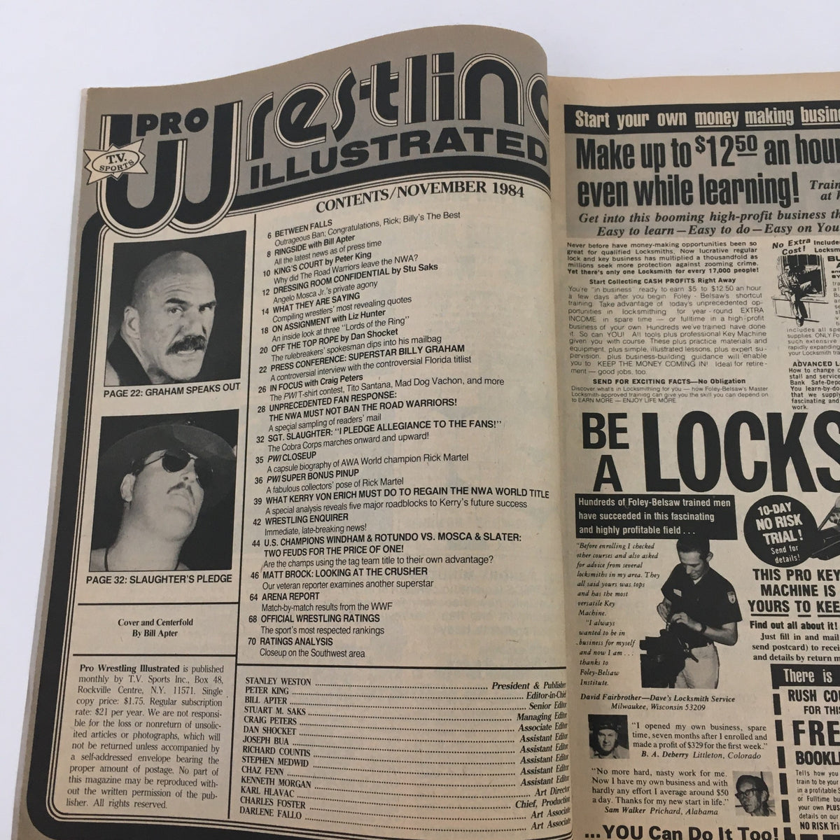 Table of contents from Pro Wrestling Illustrated Magazine November 1984, highlighting articles including 'Graham Speaks Out' and 'Slaughter's Pledge'.