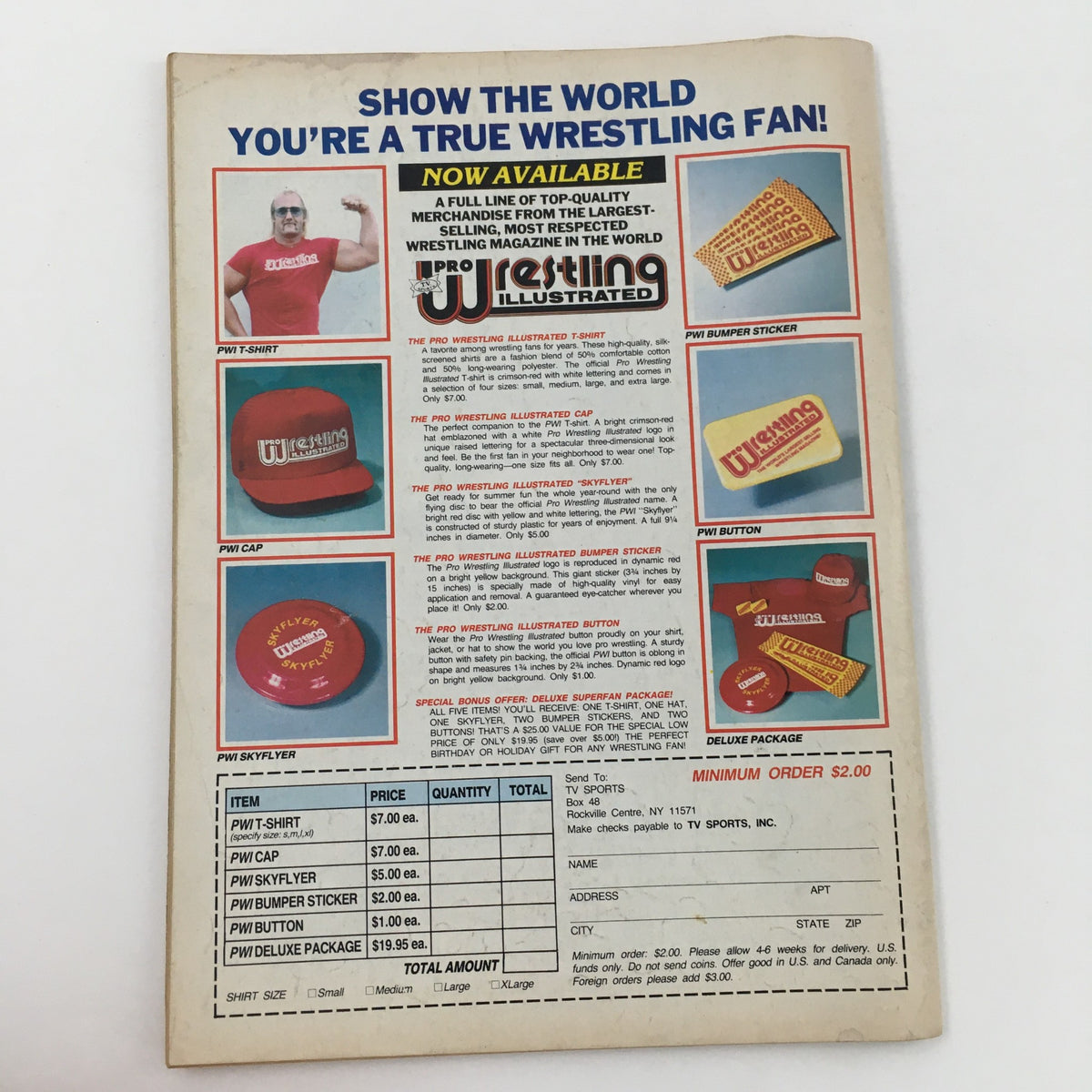 Back cover of Pro Wrestling Illustrated Magazine November 1984 showcasing merchandise available for fans, including shirts and caps.