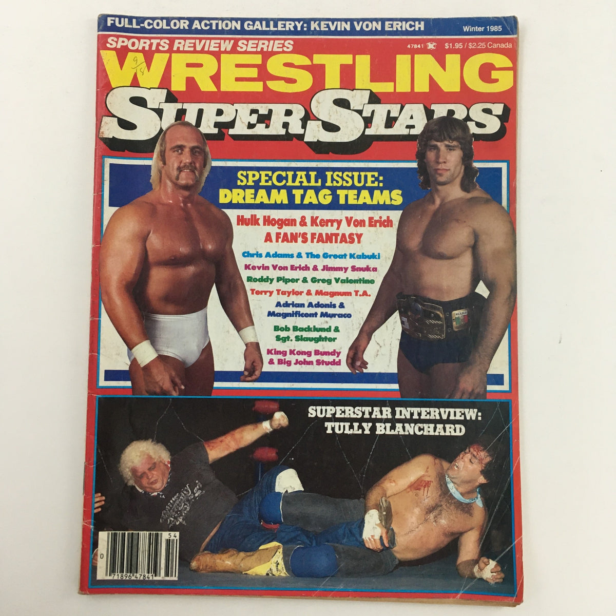 Wrestling Superstar Magazine Winter 1985 featuring Hulk Hogan and Kerry Von Erich on the cover, highlighting their iconic tag team partnership. The magazine includes features on wrestling legends and a special interview with Tully Blanchard.