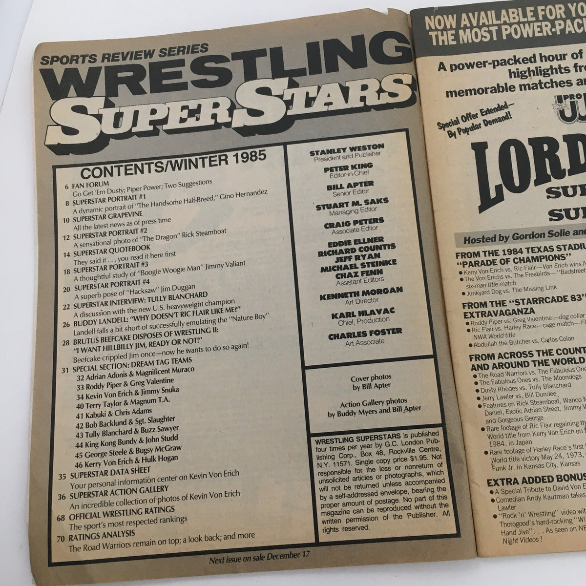 Table of contents page from Wrestling Superstar Magazine Winter 1985, listing articles and features including profiles and interviews with wrestling legends.