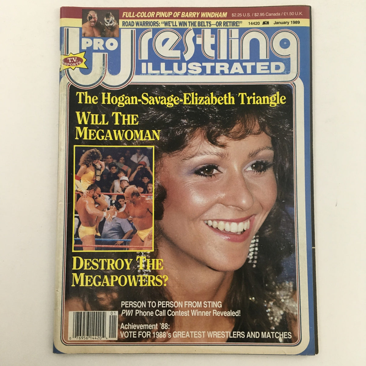 Cover of Pro Wrestling Illustrated Magazine January 1989 featuring the Hogan-Savage-Elizabeth Triangle, showcasing iconic wrestlers Hulk Hogan, Randy Savage, and Miss Elizabeth.