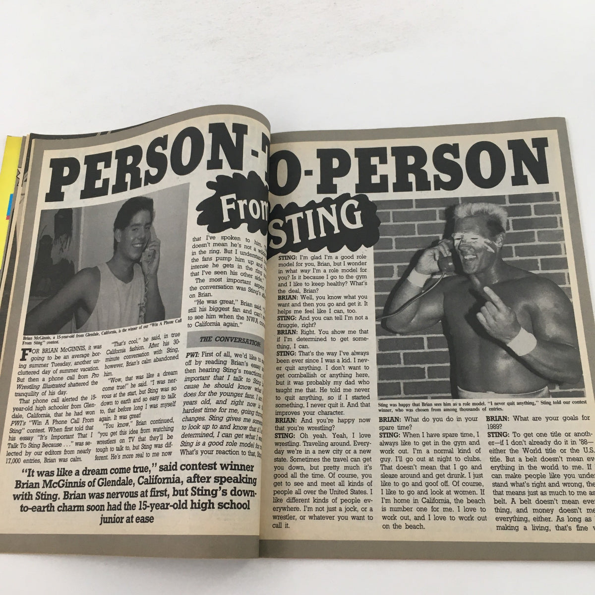 Inside page of Pro Wrestling Illustrated Magazine January 1989 featuring a Person-to-Person interview from Sting, discussing his life and wrestling career.