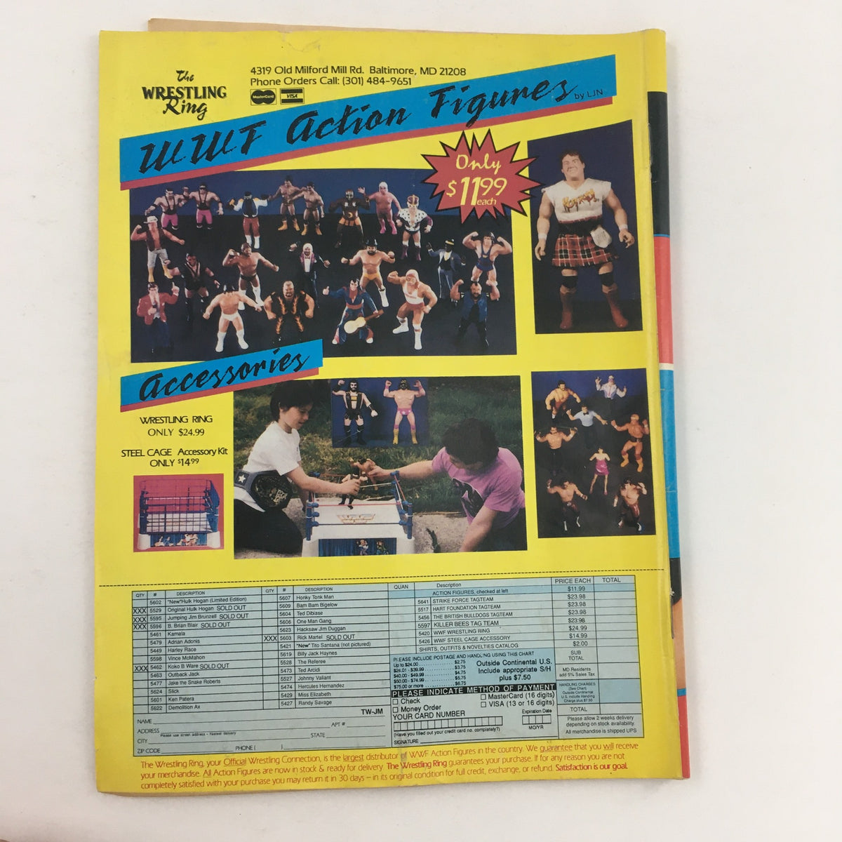 The back cover of The Wrestler Magazine July 1989 featuring an advertisement for UWF Action Figures and accessories.