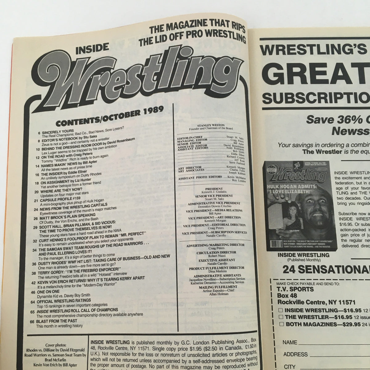 Table of contents page from Inside Wrestling Magazine, October 1989, detailing articles and features including Dusty Rhodes and Ted DiBiase.