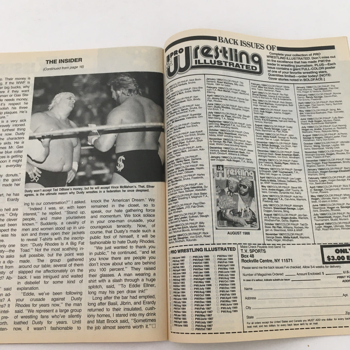 Article page from Inside Wrestling Magazine, October 1989, showcasing a discussion on wrestling legends including Dusty Rhodes.