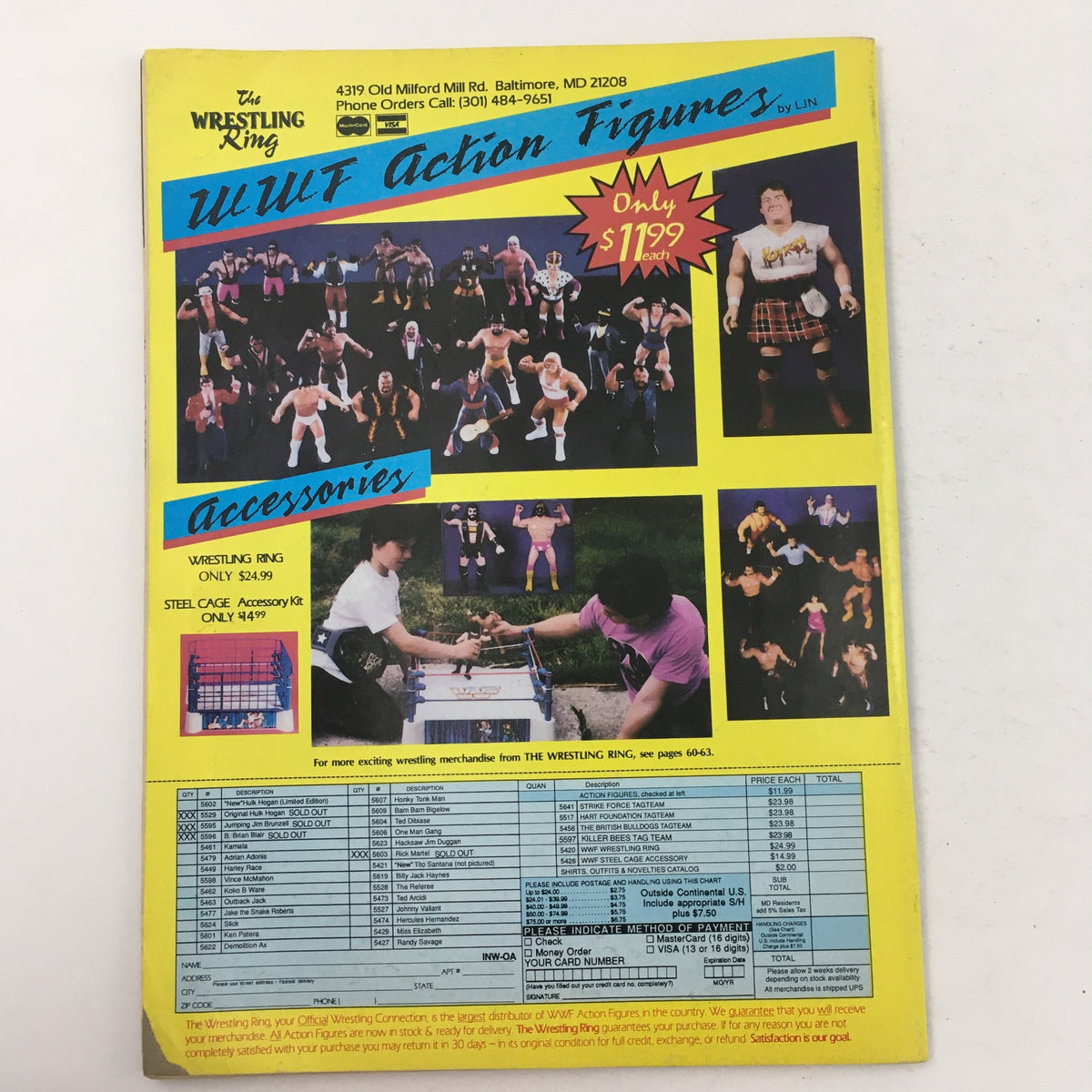 Back cover of Inside Wrestling Magazine, October 1989, featuring a promotional image for UWF action figures and wrestling merchandise.