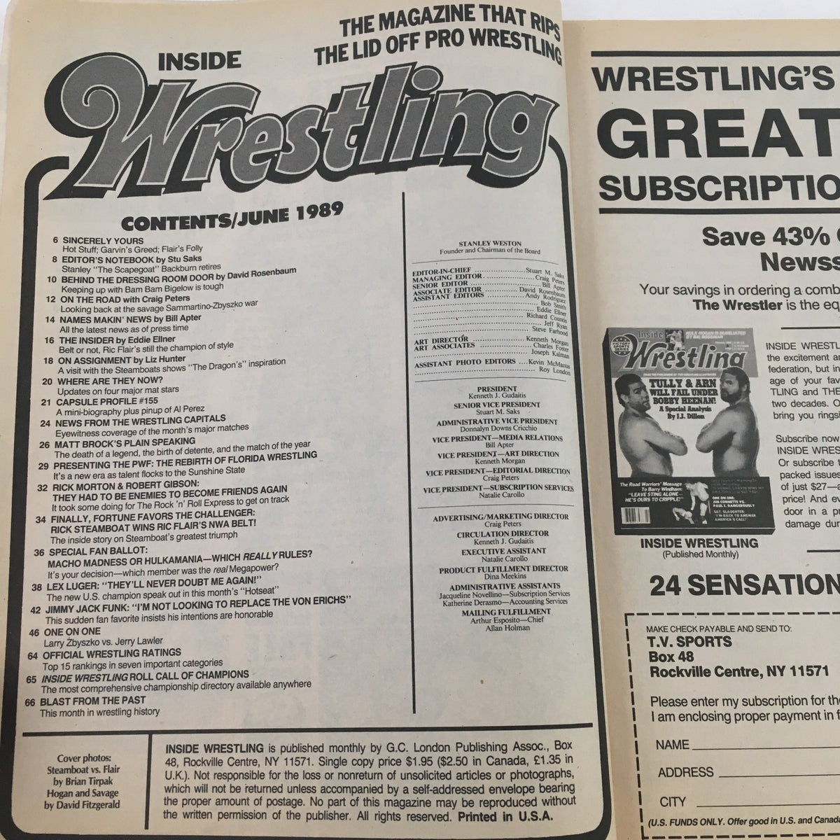 Inside Wrestling Magazine June 1989 - Contents page featuring articles and features including Rick Steamboat vs Ric Flair.