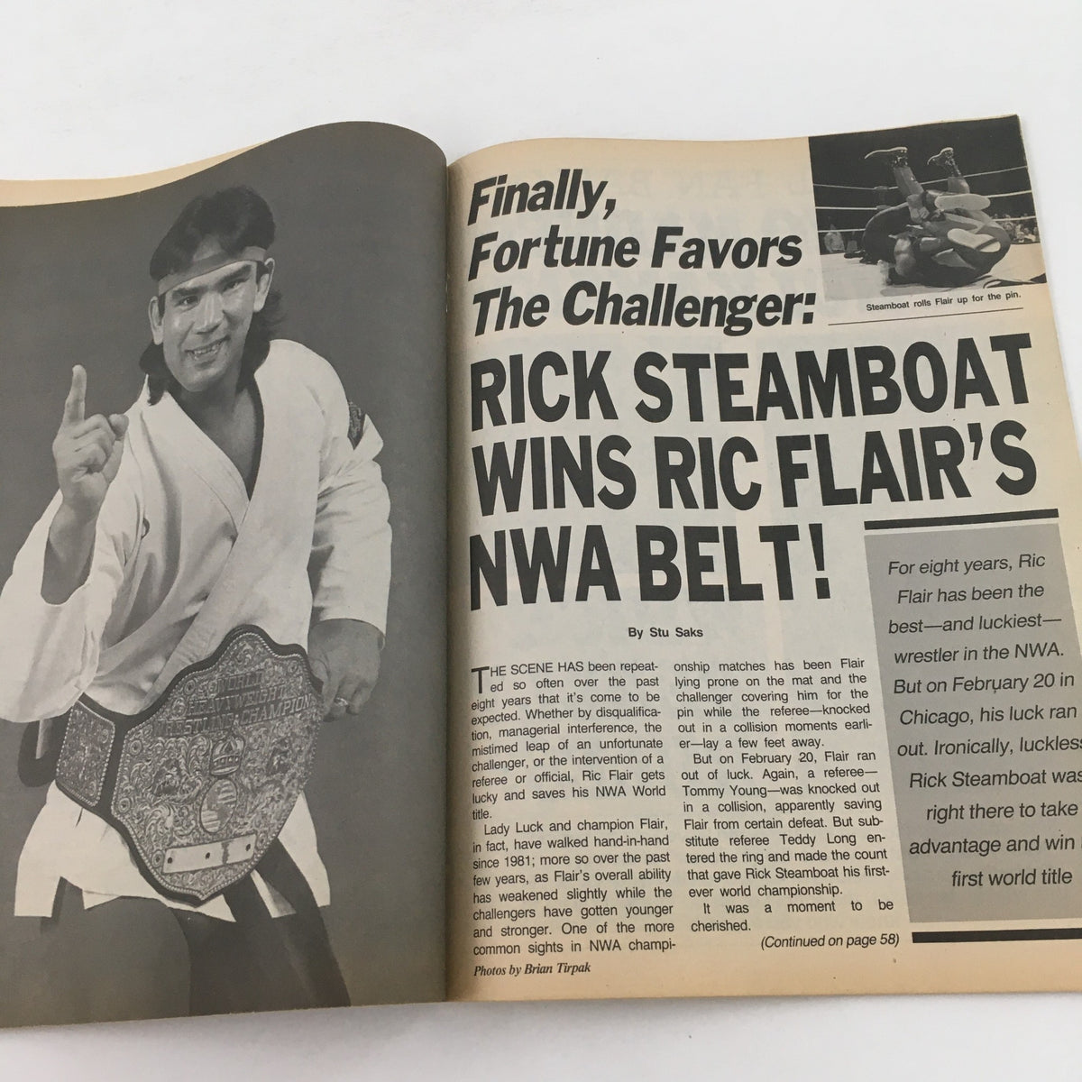 Inside Wrestling Magazine June 1989 - Recap of Rick Steamboat winning Ric Flair's NWA belt with an accompanying action photo.