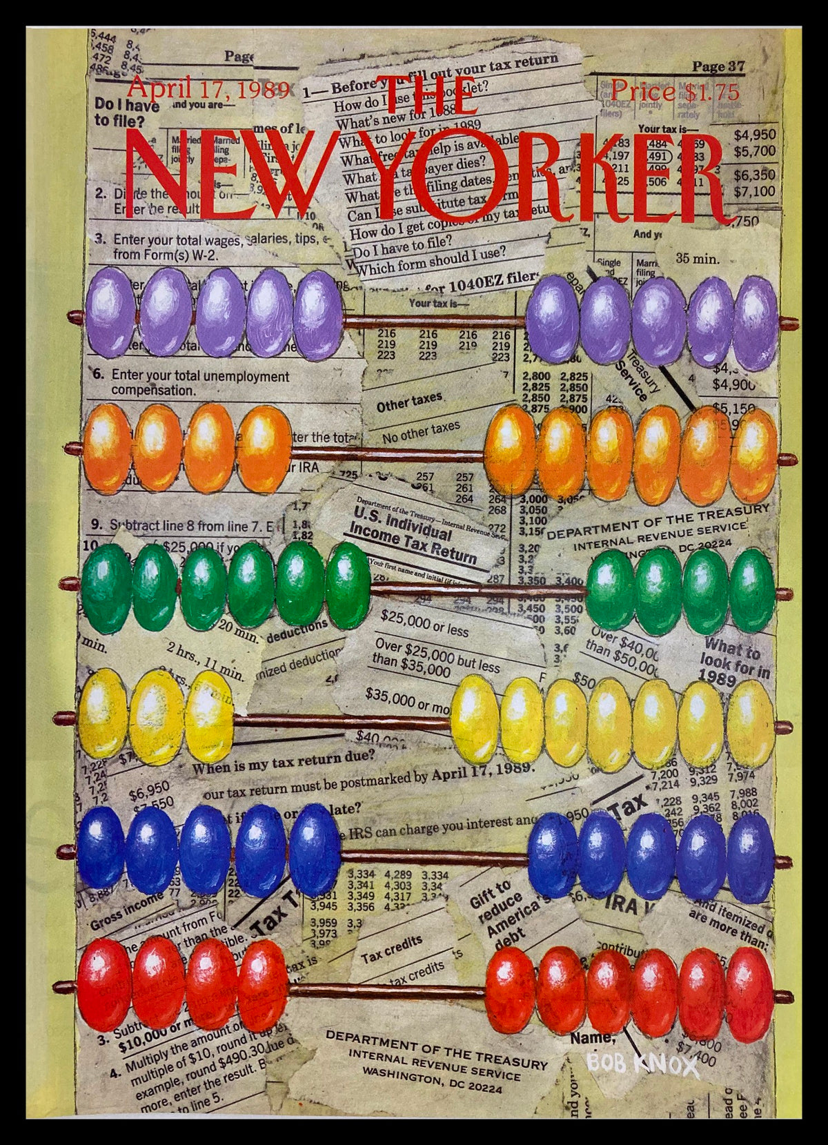 The New Yorker Cover April 17 1989 featuring artwork by Bob Knox, illustrating themes of tax return preparation with colorful abacus beads set against a backdrop of tax forms and documents.