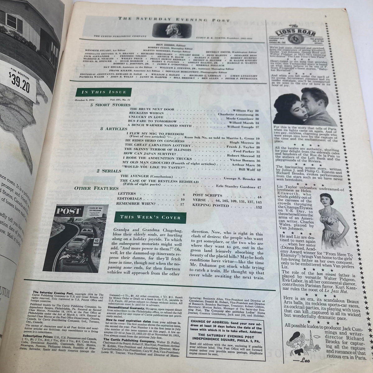 Inside page of Saturday Evening Post Magazine, October 9, 1954, showcasing magazine contents and featured articles.