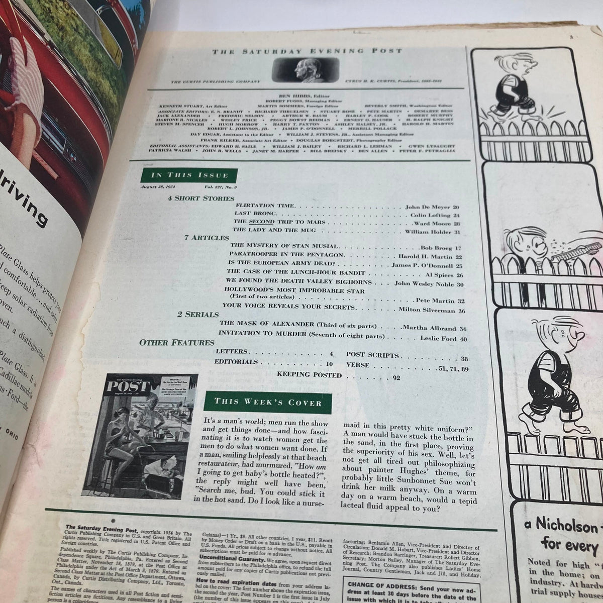 Interior page of Saturday Evening Post Magazine August 28 1954, highlighting the table of contents and details of articles including insights into the issue titled 'A Man's World'.