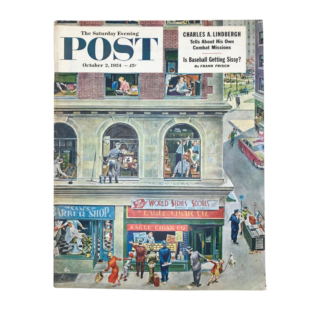 Cover of the Saturday Evening Post Magazine from October 2, 1954 featuring a vibrant illustration by Thornton Utz, depicting scenes of everyday life and baseball themes.