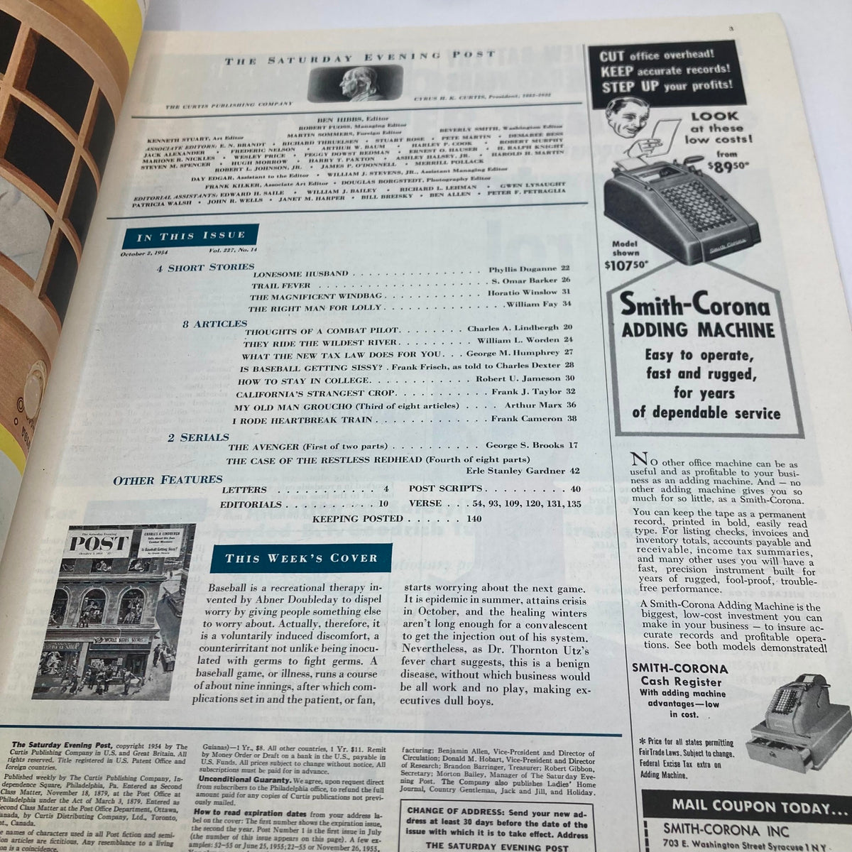Inside page of the Saturday Evening Post Magazine, October 2, 1954, showcasing articles and advertisements from the era alongside a layout that highlights historical content.