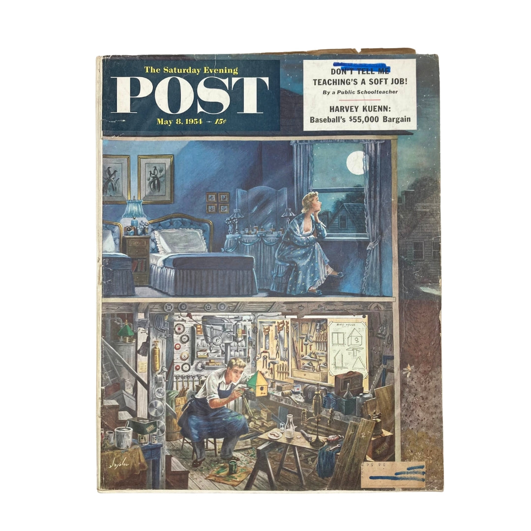 Cover of the Saturday Evening Post Magazine from May 8, 1954 featuring 'Memory of Mr. O'Tool' by Alajalov, depicting a woman looking out her window and a man working in his workshop.