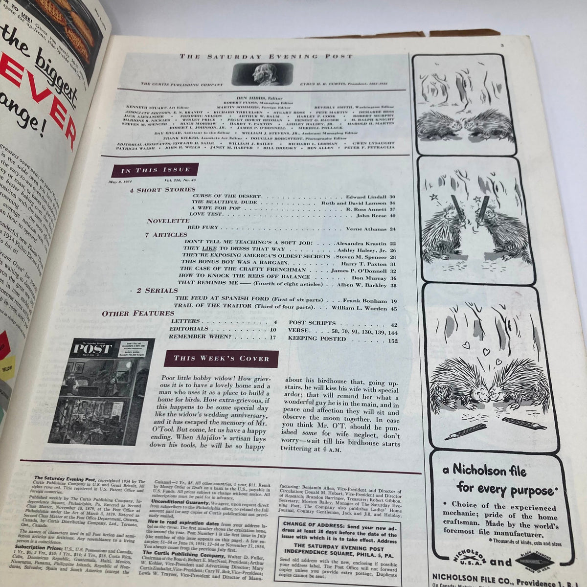 Page from Saturday Evening Post Magazine May 8, 1954 displaying the table of contents along with features and articles highlighted.