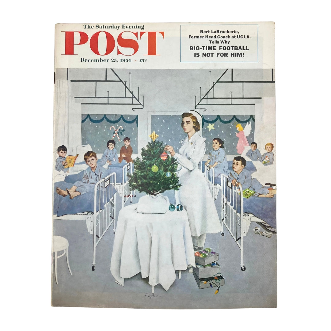 Cover of Saturday Evening Post Magazine December 23 1954 Christmas featuring a nurse decorating a Christmas tree while children in hospital beds excitedly watch.
