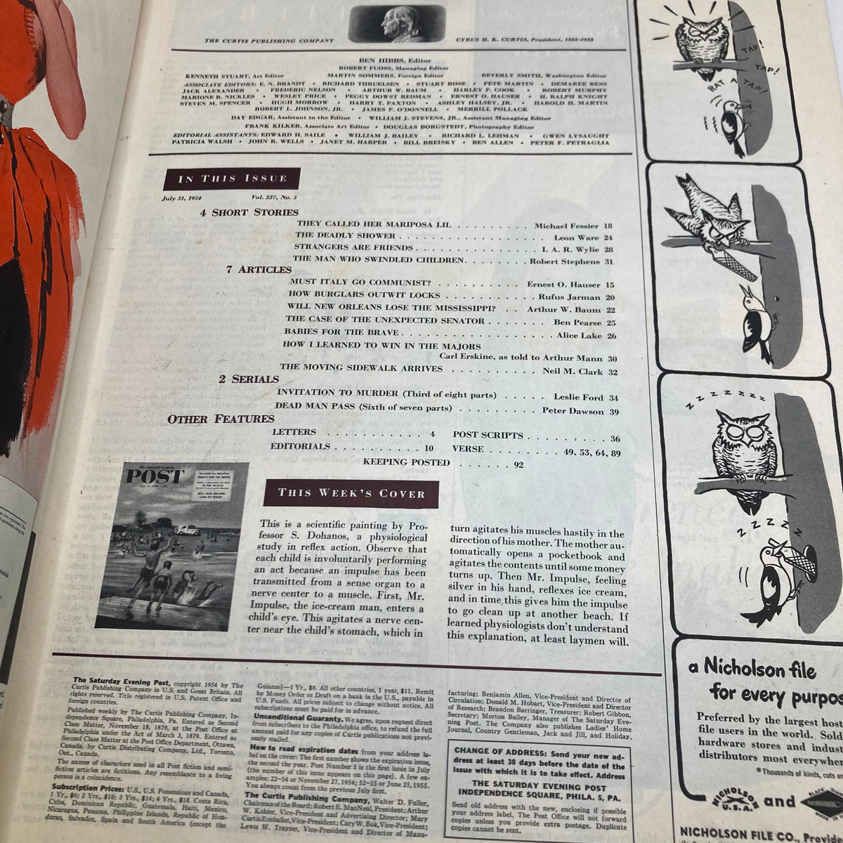 Interior page of Saturday Evening Post Magazine July 31 1954, showcasing articles and features, including a section discussing the cover artwork 'Mr. Impulse' by Stevan Dohanos.