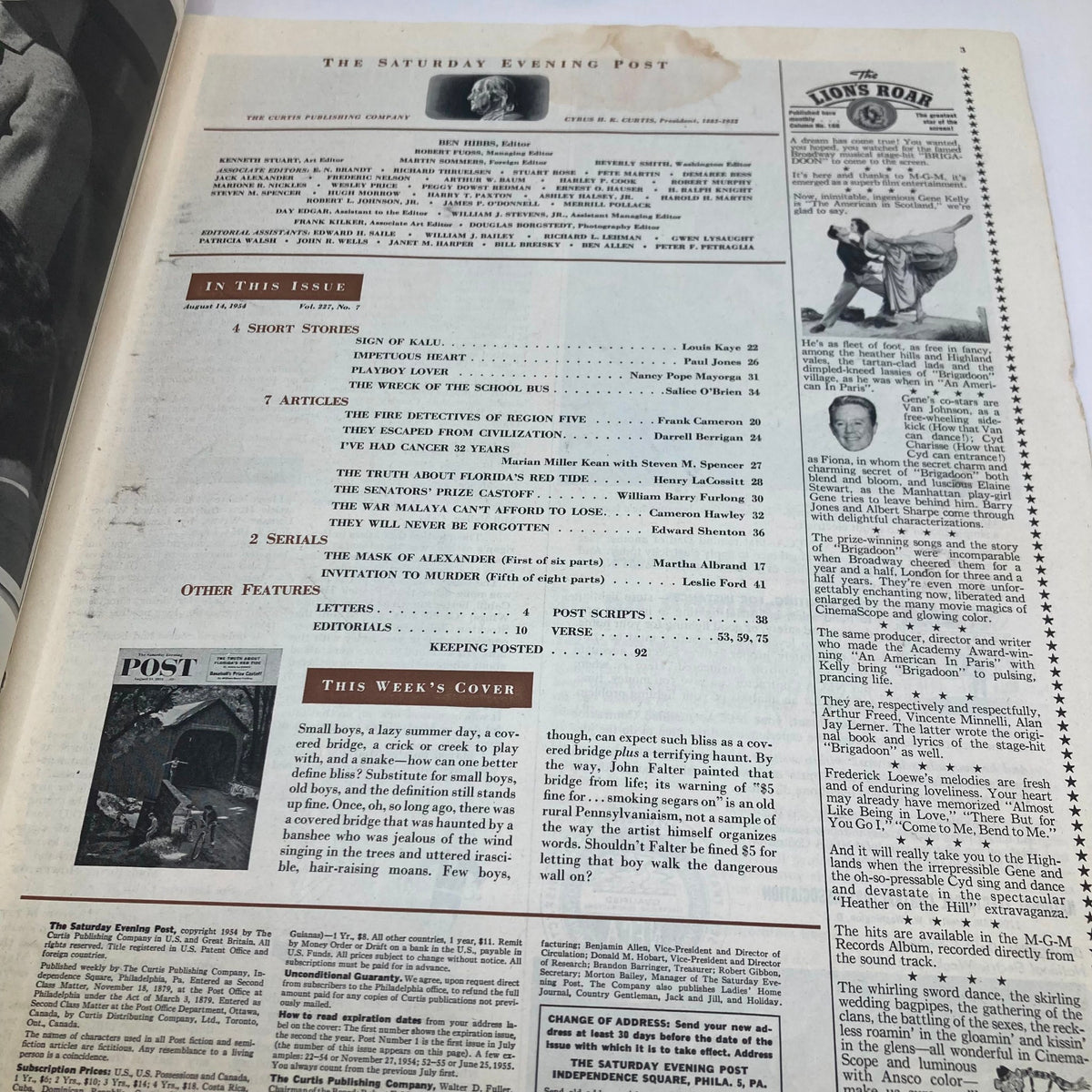 Interior page of the Saturday Evening Post Magazine August 14, 1954 showcasing the table of contents and featured articles.