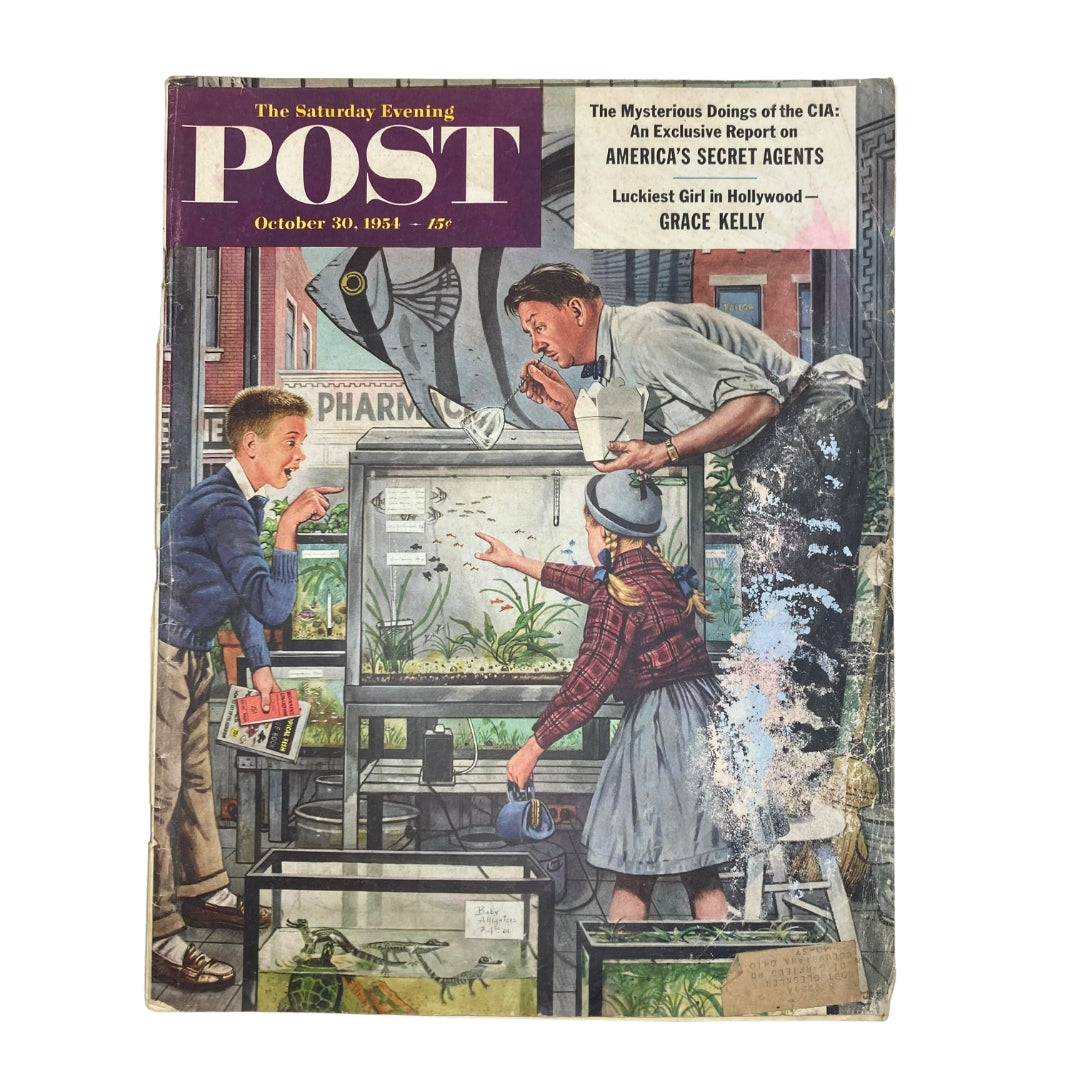 Cover of the Saturday Evening Post Magazine from October 30, 1954, featuring the illustration 'Mr. Fisher' by Stevan Dohanos, depicting children and an adult interacting in front of an aquarium.