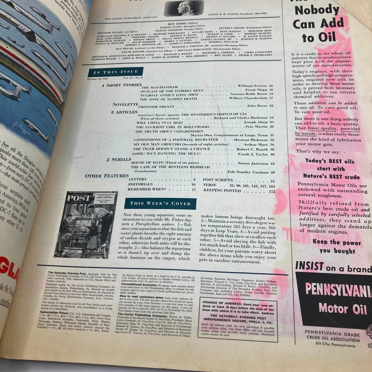 Interior page of the Saturday Evening Post Magazine, October 30, 1954 issue, featuring headlines and articles alongside the artwork 'Mr. Fisher'.