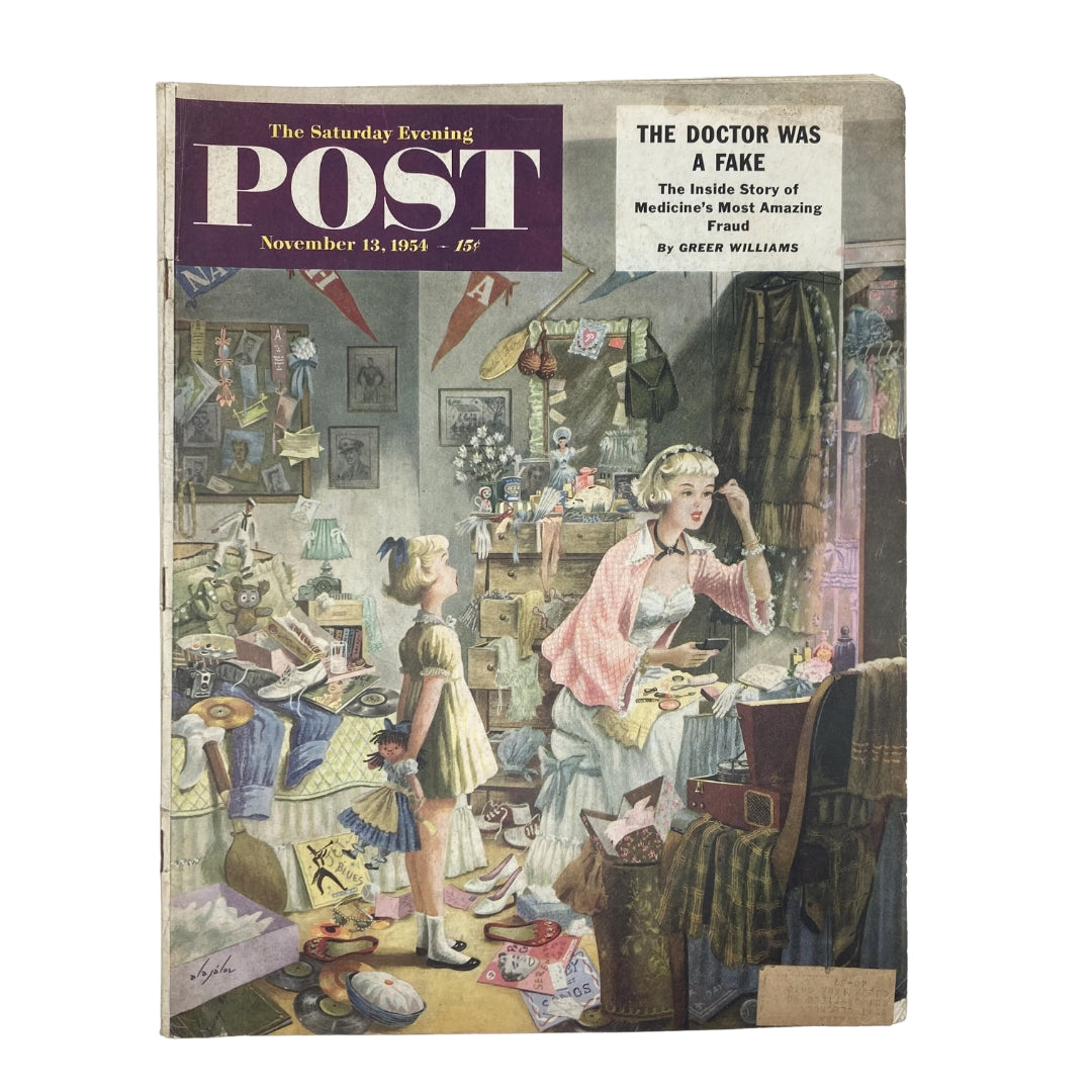 November 13, 1954 cover of the Saturday Evening Post Magazine featuring a colorful illustration by Alan Alajalov showcasing a charming and chaotic interior scene with characters in vintage attire.
