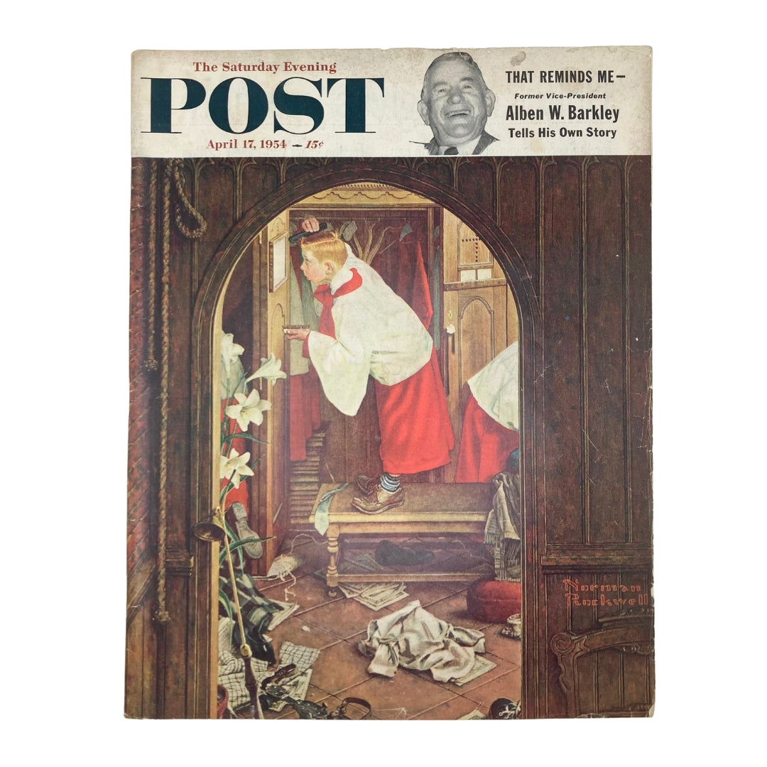 Cover of the Saturday Evening Post Magazine April 17 1954 featuring iconic art by Norman Rockwell, depicting a soprano in a charming mid-20th century setting.