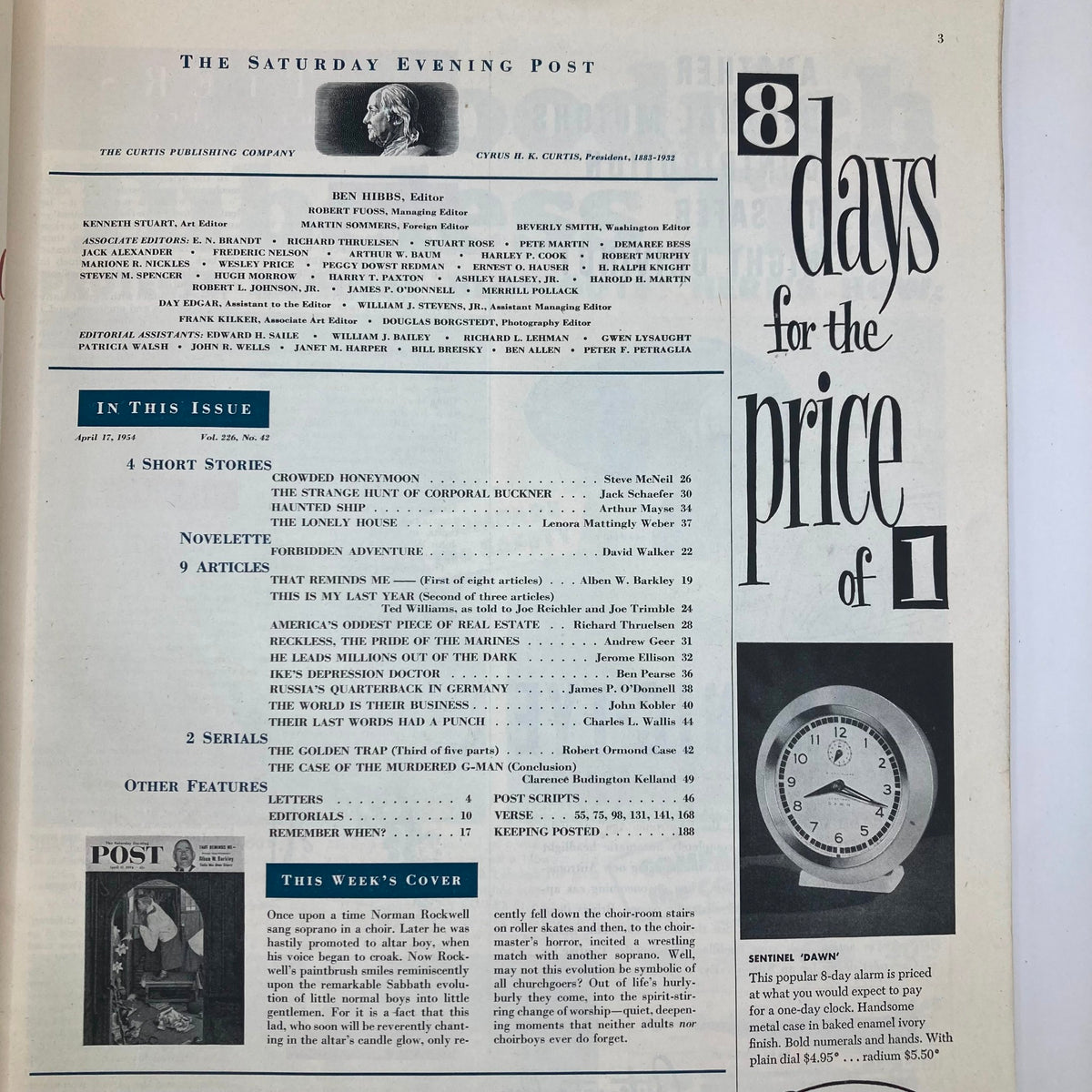Interior page of the Saturday Evening Post Magazine April 17 1954, showcasing contents and articles, along with details about the cover art by Norman Rockwell.