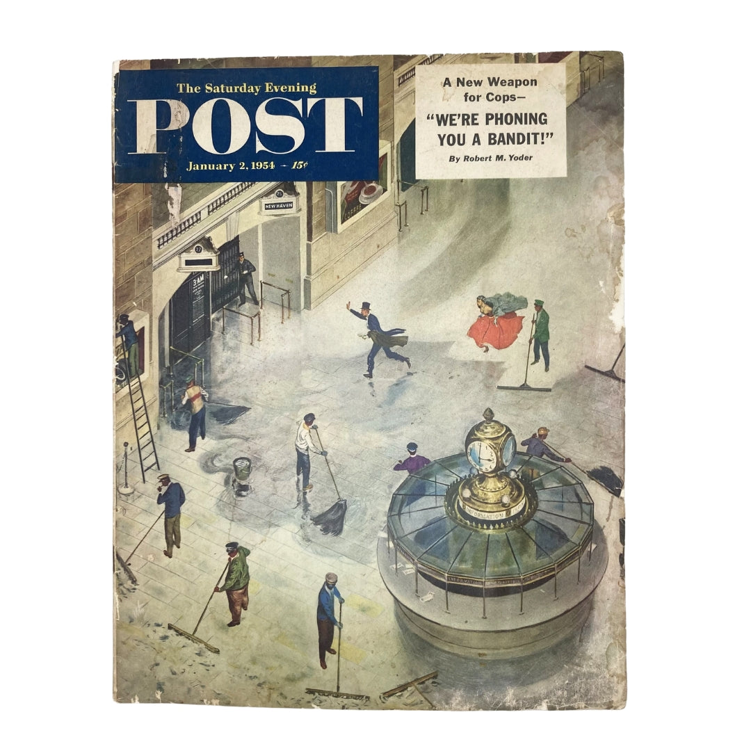 Cover of Saturday Evening Post Magazine January 2 1954 featuring an artistic illustration with people engaging in various activities in a bustling street scene.
