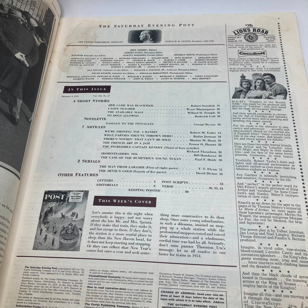 Inside page of Saturday Evening Post Magazine January 2 1954 showcasing contents and features, including articles and illustrations relevant to the era.